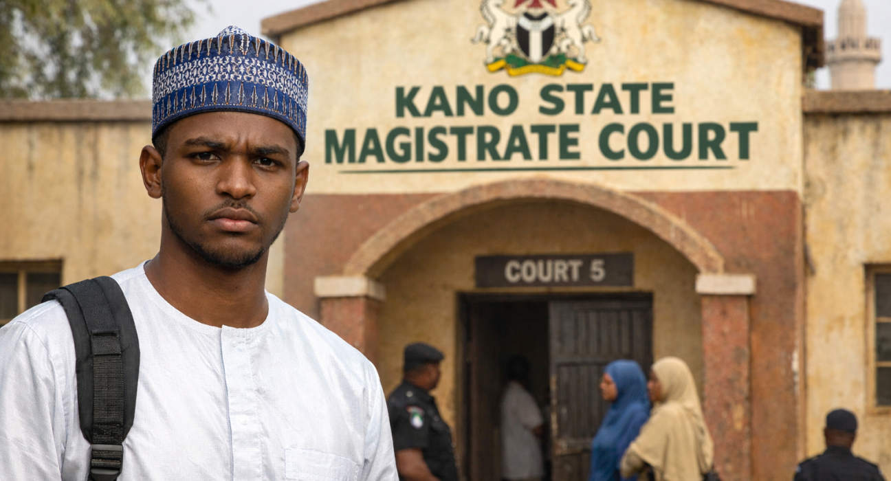 Young man outside Kano court building