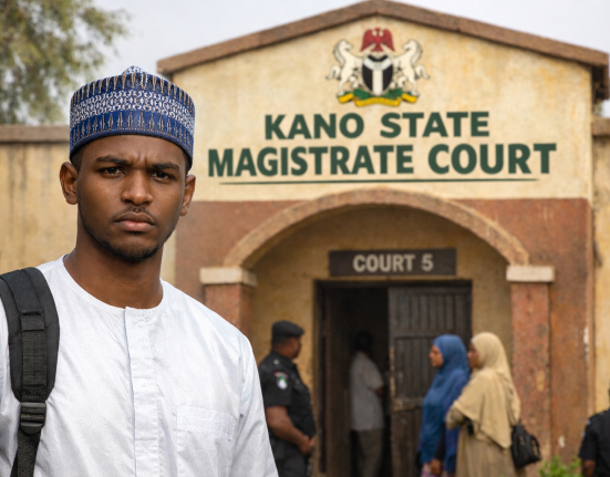 Young man outside Kano court building